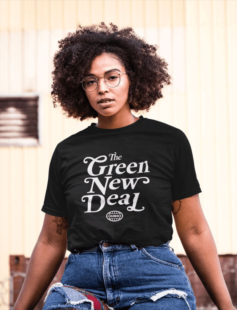woman in green new deal tshirt
