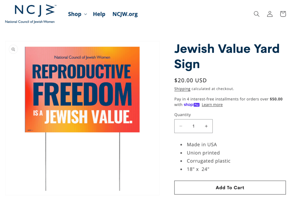 Campaign yard sign for National Council of Jewish Women for reproductive rights awareness campaign