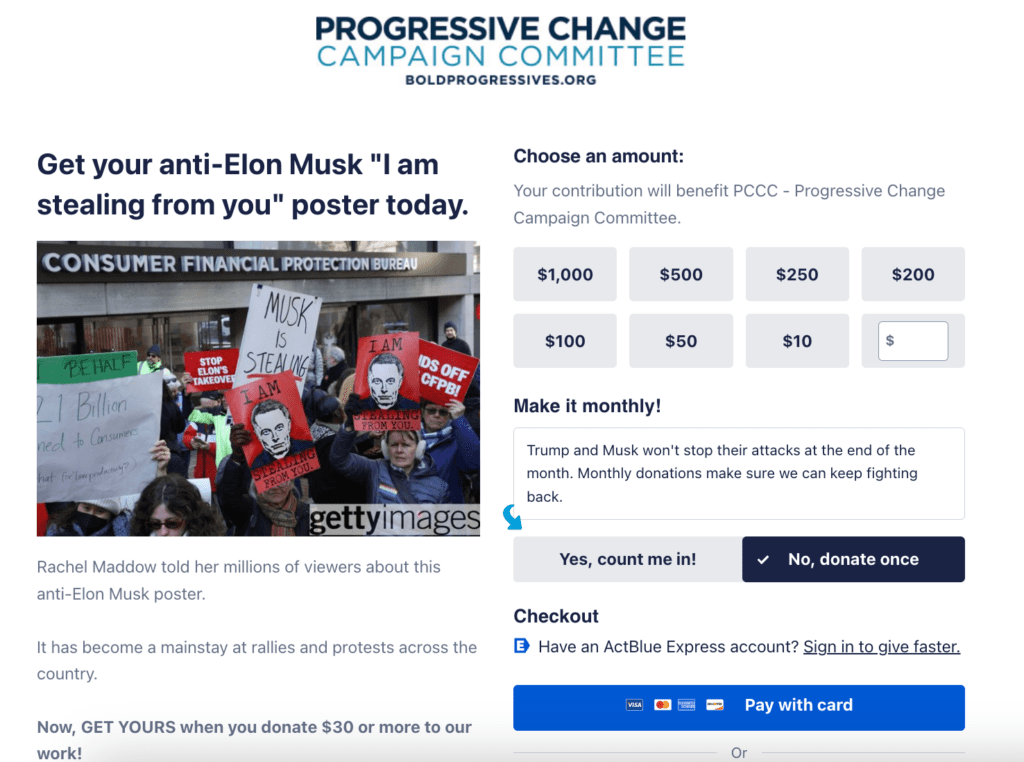 ActBlue landing page for anti-Elon Musk posters