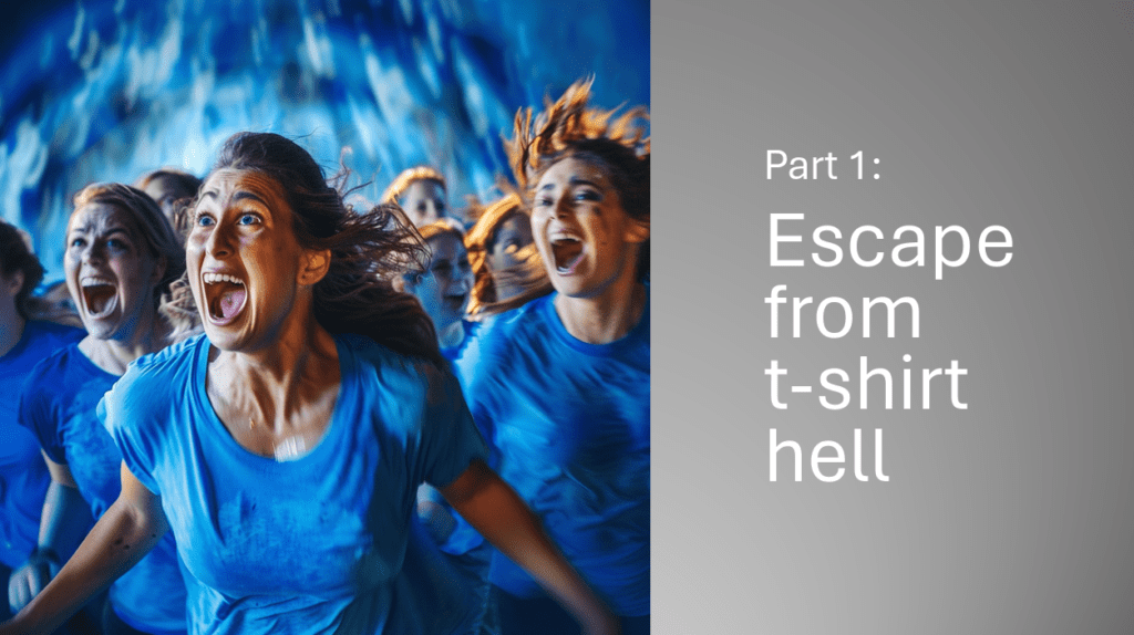 Union design director's presentation slide titled "Escape from T-shirt Hell"